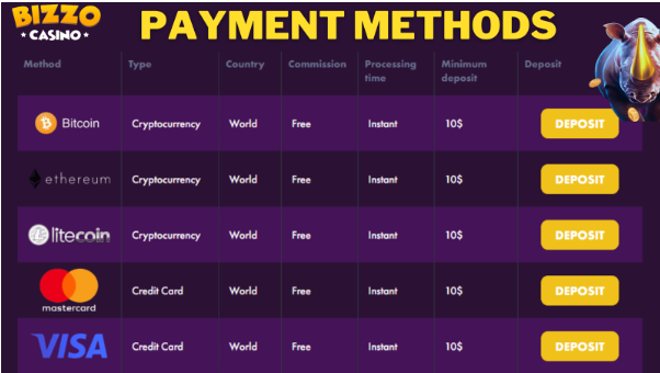 Bizzo Casino payment and banking methods
